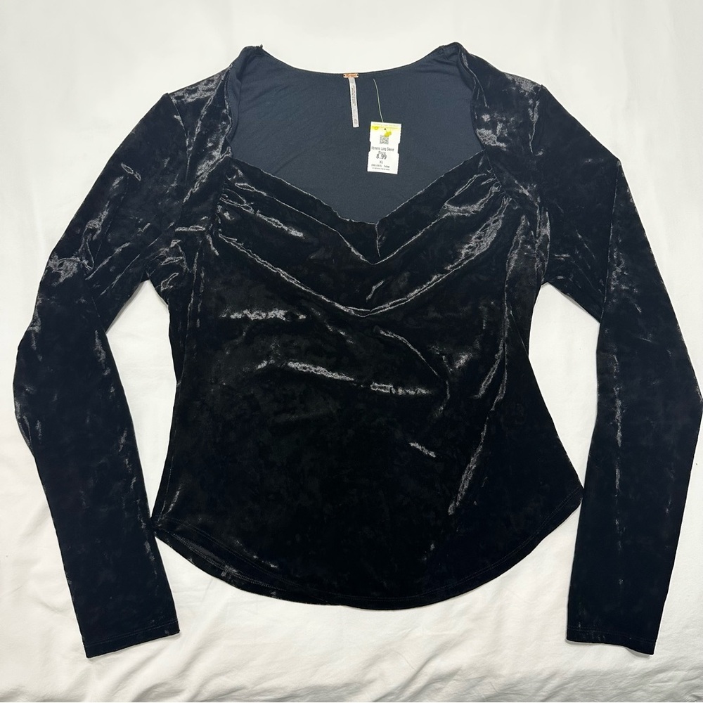 Free People Black Velvet Long Sleeve Top Cowl Neck Rounded Hem Size XL - Picture 2 of 8